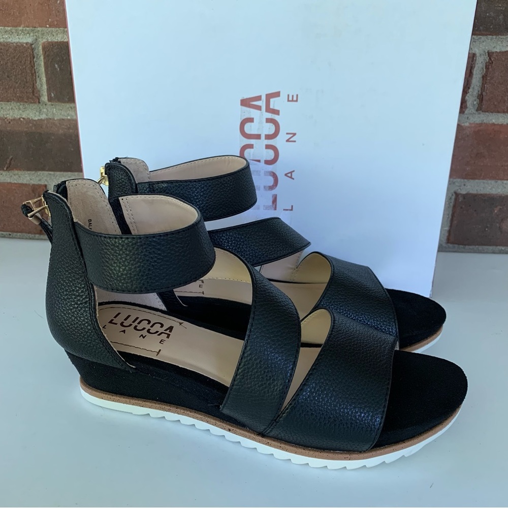 Lucca Lane Fifi Black Leather Strappy Wedge Sandals Size US 7 M